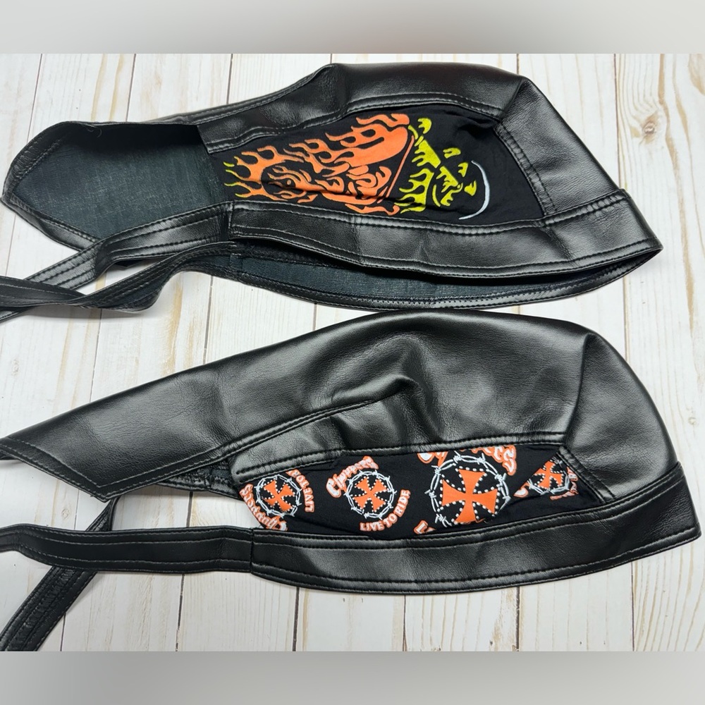 Two Biker Faux Leather Skull Caps Head Wrap Durag Bandana Flydanna Headgear